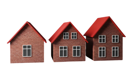 Real Estate Trio: A captivating composition of three distinct houses, each boasting unique architecture, creating a vibrant display of property and investment possibilities.