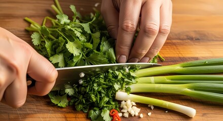 Close-up of hands chopping fresh cilantro and green onions on a wooden cutting board with a knife.