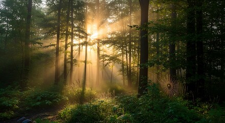 Obraz premium Golden sunlight streams through a misty forest, illuminating a delicate spiderweb.