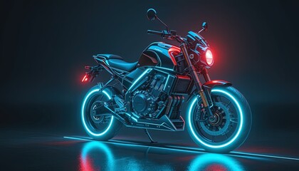 Fototapeta premium A futuristic motorcycle with vibrant neon lighting, showcasing sleek design and a dramatic dark backdrop.