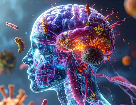 Human Head with Brain and Microbes, Digital 3D Render