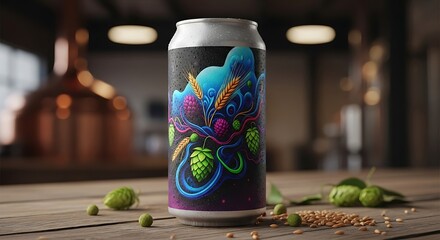 Craft Beer Can with Vibrant Hop and Grape Design on Brewery Table.
