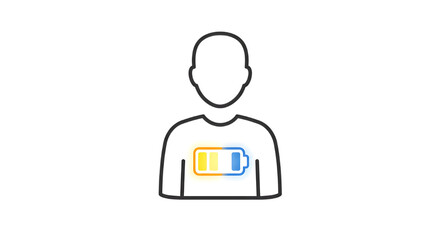 Fototapeta premium Energy Level Metaphor: A minimalist line illustration depicts a human figure with a stylized battery charge indicator at the chest, representing vitality and energy levels.