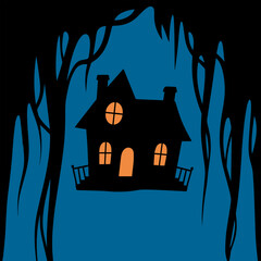 Halloween fright night vector background with spooky haunted house