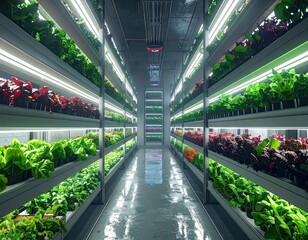 Indoor Vertical Farm Growing Leafy Greens and Plants Under Bright Lights