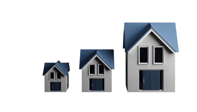 Building and Size Progression: A visual representation of property size evolution, showing three distinct homes progressively growing in size, highlighting growth, investment, and homeownership.