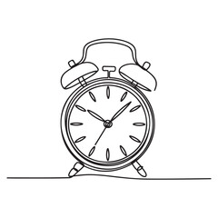 One continuous line Art drawing of classic analog desk alarm clock with big ring bell to tell the time. with white background