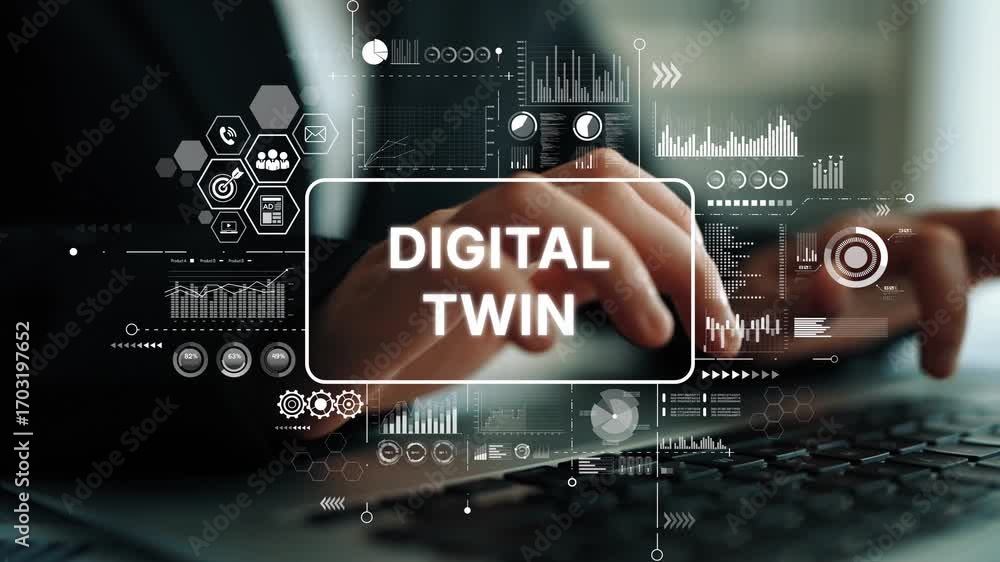 Poster business professional interacting with digital twin technology, data visualization and innovation co