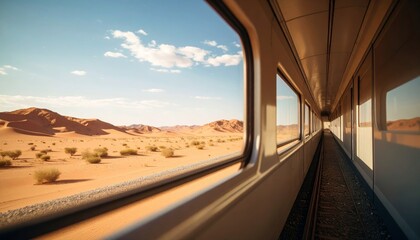 View of dry desert through a window of a train travel concept