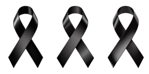 Three elegant black ribbons symbolizing mourning and remembrance displayed on a transparent background