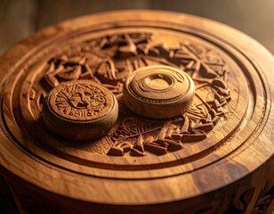 Intricate Wooden Drum Carving with Two Small Drums