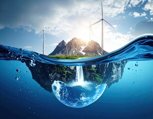Island Waterfall Clean Energy Concept: Lush Green Island with Waterfall Submerged in Blue Water, Wind Turbines in Background