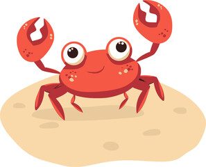 Red crab standing on sand in cartoon flat vector design for summer season