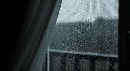 Open Window Screen with Rain Splashing and a Wind-Blown Curtain
