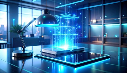 Modern futuristic workspace with holographic lamp and floating digital screen above sleek glass desk.