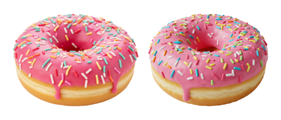 Two delicious pink frosted donuts with colorful sprinkles on a transparent background