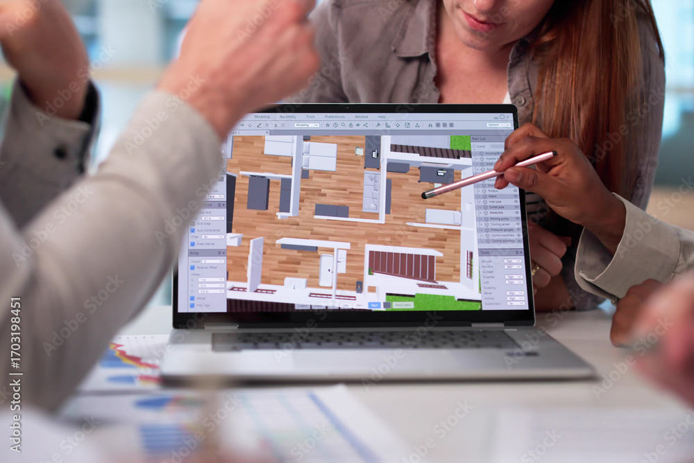 Poster multiracial team using cad software
