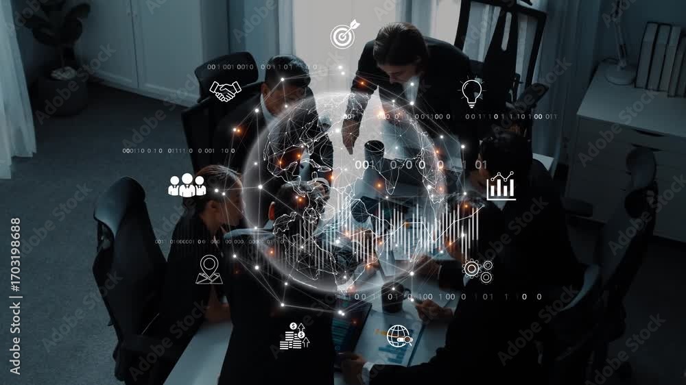 Aufkleber a dynamic business team engages in a project discussion in a modern office, enhanced by digital over