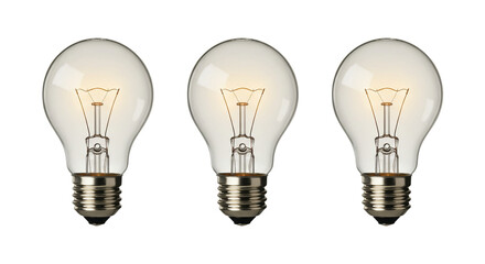 Three illuminated incandescent light bulbs arranged in a row on a transparent background