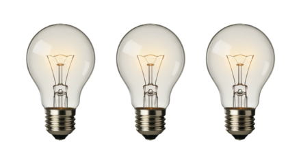 Three illuminated incandescent light bulbs arranged in a row on a transparent background