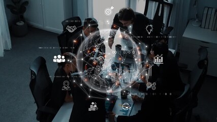 A dynamic business team engages in a project discussion in a modern office, enhanced by digital overlays showcasing global connectivity and data analysis tools. Raster - Powered by Adobe