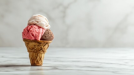 vanilla. Colorful ice cream in a waffle cone, a tempting and delightful dessert display. menu design, packaging mockups, designed for food delivery and cloud-kitchen brand materials.