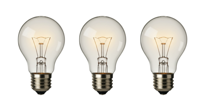 Three illuminated incandescent light bulbs arranged in a row on a transparent background