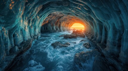 Stunning ice cave with turquoise walls and sunset glowing through the entrance over rocky waters