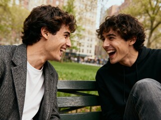 Two friends laughing together on a park bench - Friendship and leisure