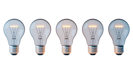Five incandescent light bulbs lined up against a transparent background