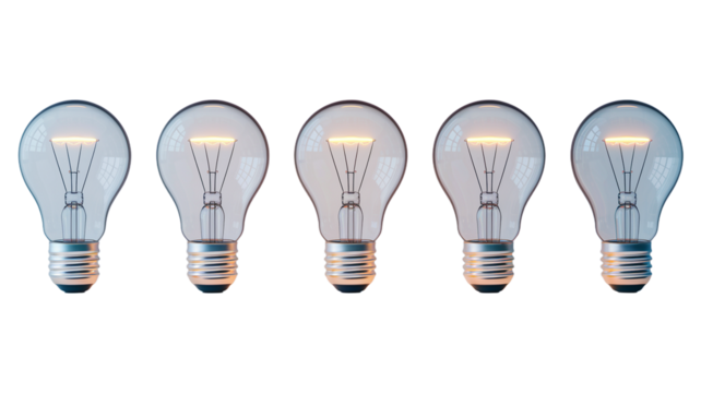 Five incandescent light bulbs lined up against a transparent background