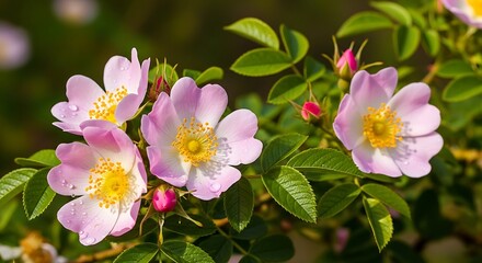 Delicate pink wild rose flowers blooming on a green bush.