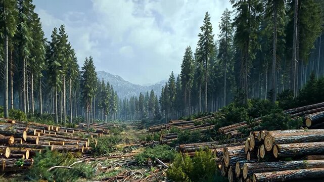 Lumbering Panorama: An expansive vista of a forest with rows of timbered logs and standing trees. An ideal backdrop for discussions related to forestry, conservation, and nature's grand design.