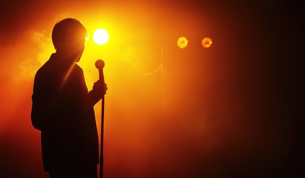 Silhouette of man holding microphone on stage with orange and yellow lighting and fog in background representing concept of stand up comedy performance - Powered by Adobe