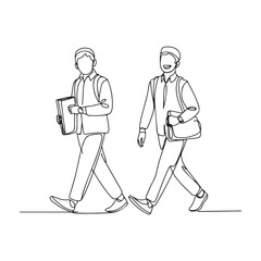 One single line Art drawing of young happy male muslim workers walking in a hurry to catch the bus. with white background