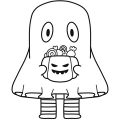Ghost costume holding a pumpkin full of sweets outline