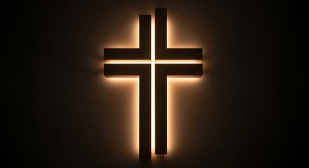 Illuminated Wooden Cross: Warm Glow on Dark Wall Religious Symbolism.