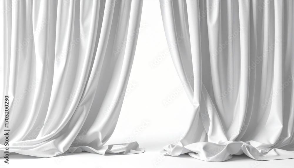 Poster elegant white curtains draping with soft fabric in interior setting with bright background
