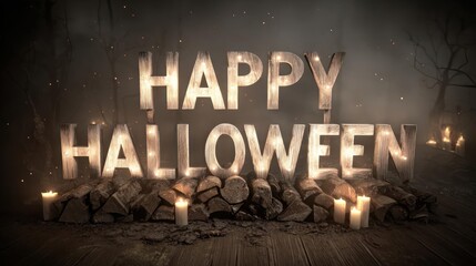 Spooky wooden letters spell HAPPY HALLOWEEN with glowing lights and flickering candles in eerie forest
