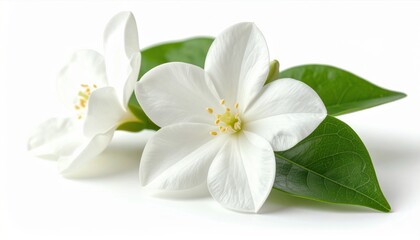 Obraz premium Close Up of Two White Flowers with Green Leaves in a Tranquil Isolated Setting