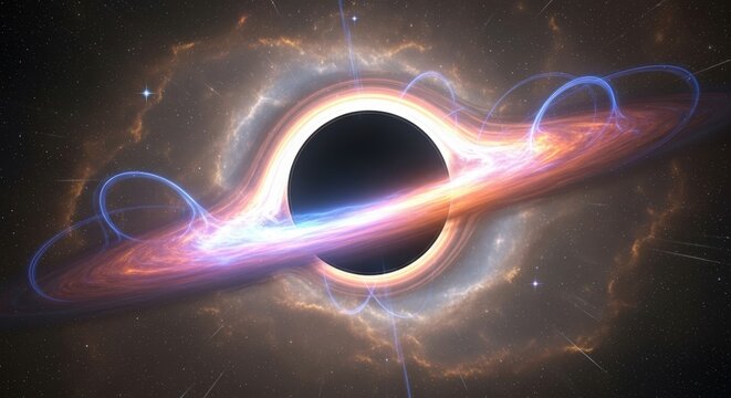 Artistic representation of a black hole with a glowing accretion disk and surrounding cosmic dust.