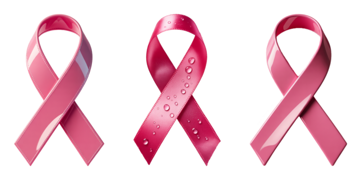 Three pink ribbons symbolizing breast cancer awareness on a transparent background