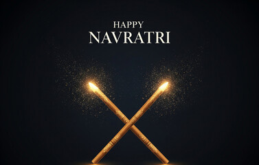 Navratri poster-Minimalistic poster with two dandiya sticks crossed at the center, glowing particles around, dark background, photoreal textures, clean serif typography at top reading ‘Happy Navratri'