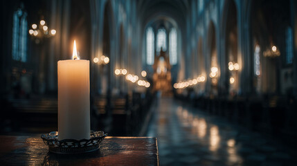 Candle lit on altar in a dimly lit cathedral interior