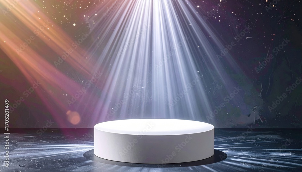 Poster white round podium illuminated by spotlights on dark background ideal for product display and presen