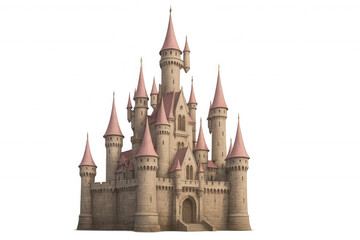 Large fairytale castle with pink roofs and high towers rising majestically on a transparent background, perfect for fantasy projects