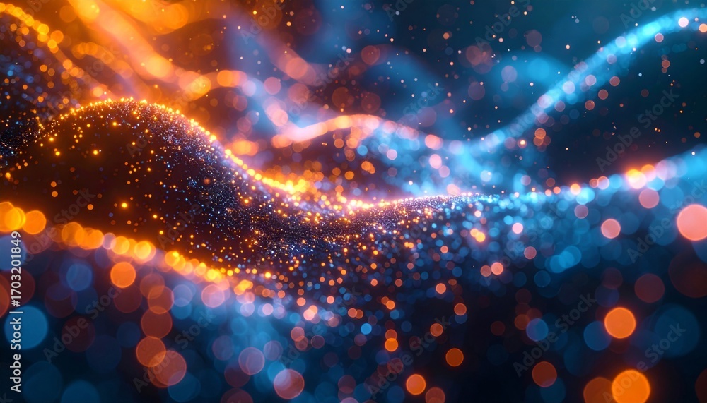 Poster abstract background with flowing orange and blue particles creates a futuristic design