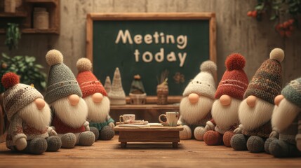Seven adorable gnomes in hats gathered around a table, ready for a meeting, with "Meeting today" on background, upcoming meeting announcement, meeting break screen