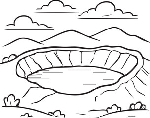 Crater landscape line art with shallow basin and hills