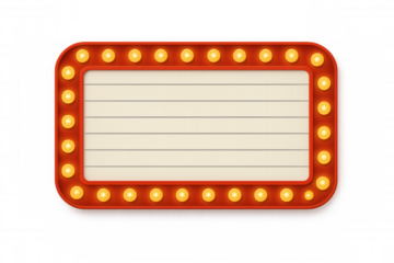 Bright red rectangular sign with glowing light bulbs, perfect for displaying messages on a transparent background